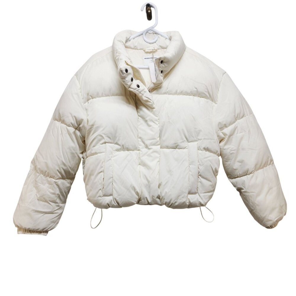 Womens Size 1X White Cropped Puffer Jacket Drawstring Hem & Pockets